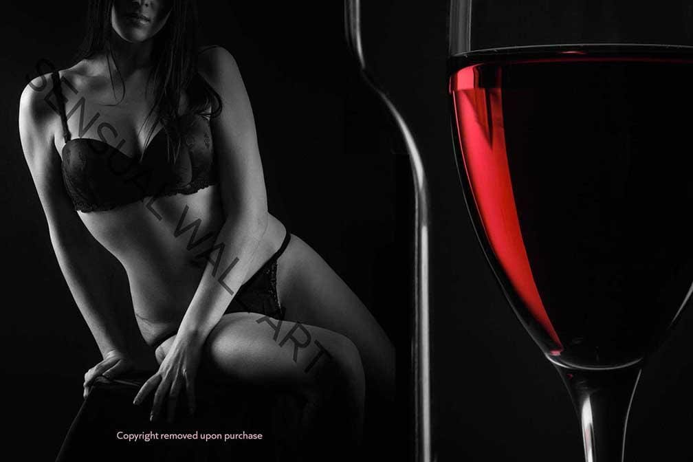 sexy woman in lingerie glass of red wine black and white and color print