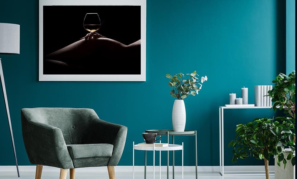 nude woman body holding glass of white wine seductive poster