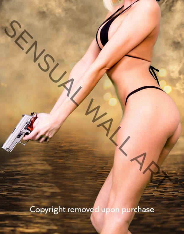 young woman beautiful body armed with pistol poster