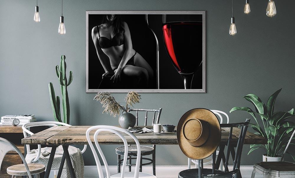 sexy woman in lingerie glass of red wine black and white and color print