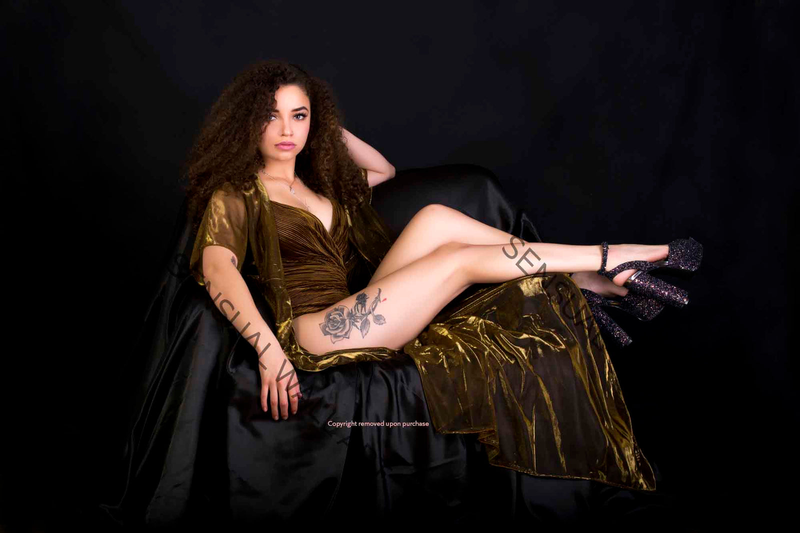 beautiful young woman brunette with beautiful legs rose tattoo